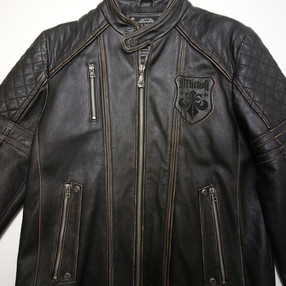 Affliction Black Premium Limited Leather Jacket Mens L fits Slim Cross Back Moto - Picture 7 of 16